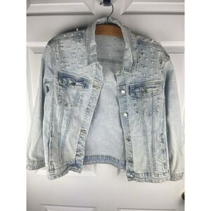 Womens Pearl Studded Denim Jacket Embroidered Light Wash Jean Jacket Size S
